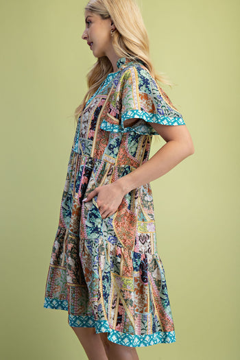 GiGio Mixed Print Mini Dress in Jade Mix