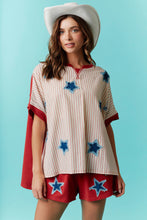 Load image into Gallery viewer, Fantastic Fawn OVERSIZED Contrasting Top with Star Patches in Crimson
