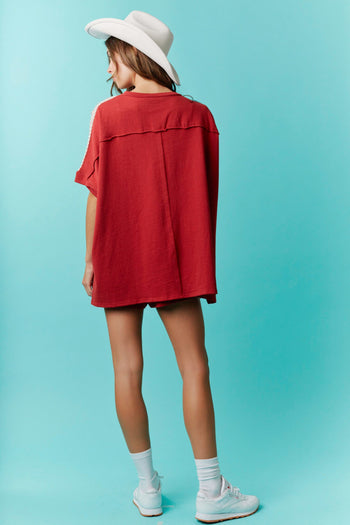 Fantastic Fawn OVERSIZED Contrasting Top with Star Patches in Crimson
