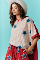 Fantastic Fawn OVERSIZED Contrasting Top with Star Patches in Crimson