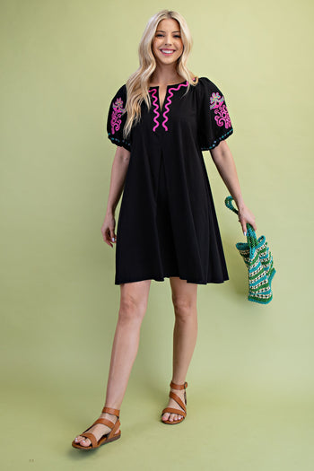 GiGio Mini Dress with Embroidery in Black