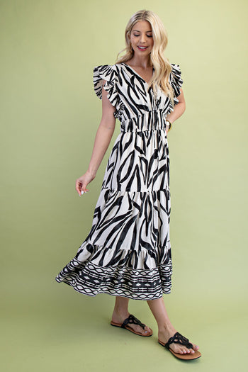 GiGio Mixed Print Elastic Waist Midi Dress in Black Mix