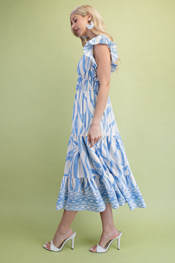 GiGio Mixed Print Elastic Waist Midi Dress in Sky Mix