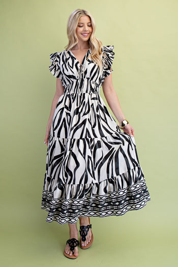 GiGio Mixed Print Elastic Waist Midi Dress in Black Mix