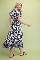 GiGio Mixed Print Elastic Waist Midi Dress in Black Mix