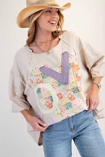 Easel OVERSIZED Heart and Love Patched Top in Light Khaki