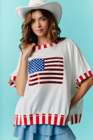 Fantastic Fawn OVERSIZED American Flag Sequin Front Top with Stripe Details in Red