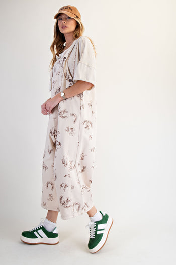 Easel Western Print Twill Overalls in Khaki