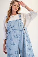 Easel Western Print Twill Overalls in Dusty Blue