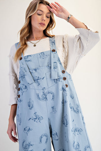 Easel Western Print Twill Overalls in Dusty Blue
