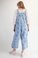 Easel Western Print Twill Overalls in Dusty Blue