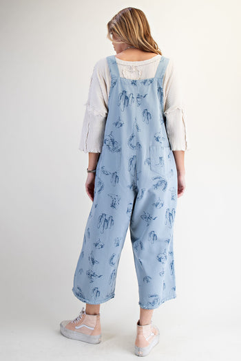 Easel Western Print Twill Overalls in Dusty Blue