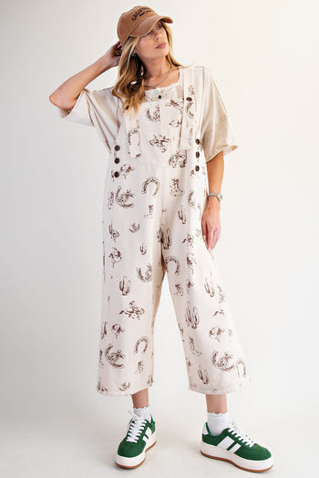 Easel Western Print Twill Overalls in Khaki