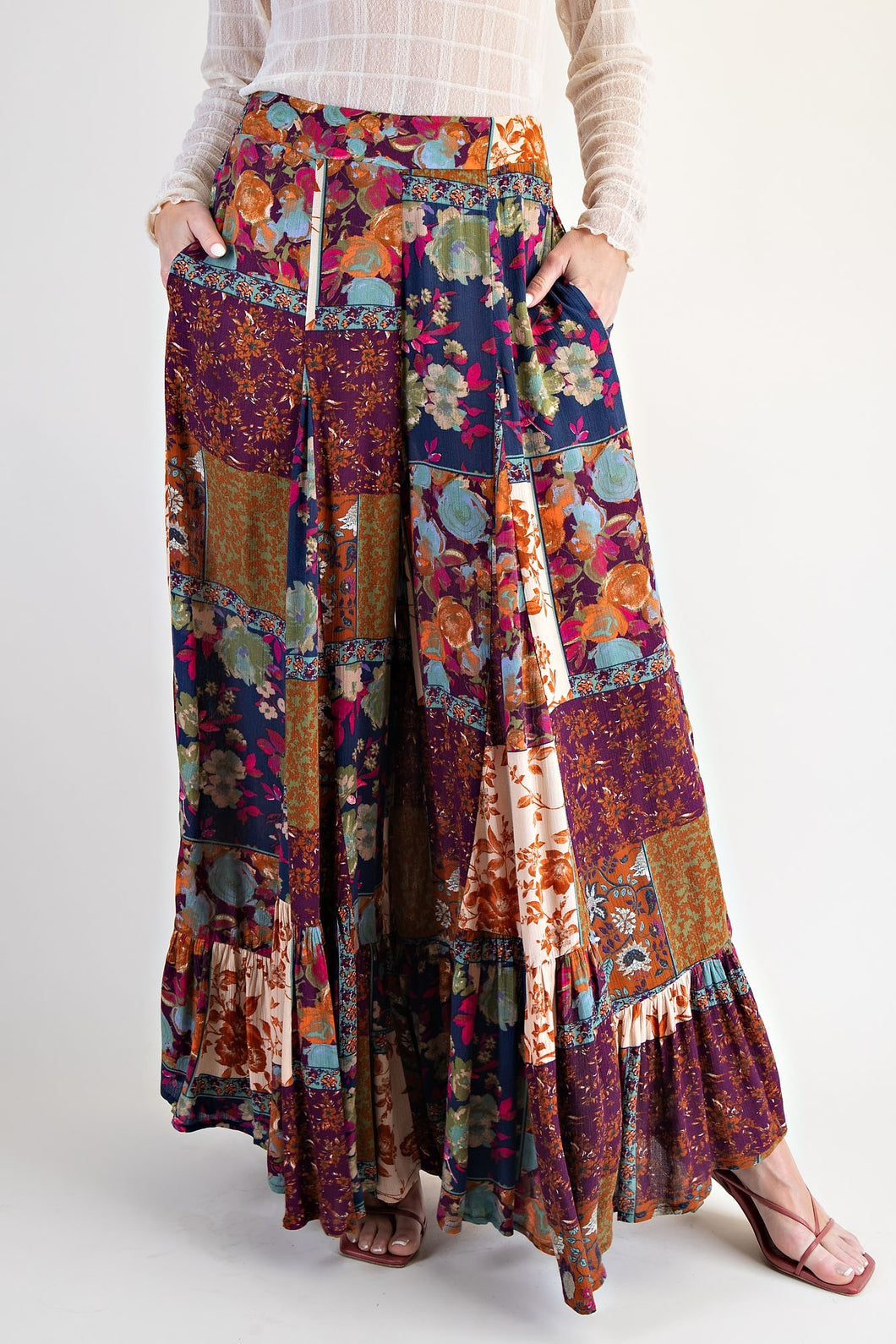 Easel Patchwork Mixed Printed Palazzo Pants in Plum