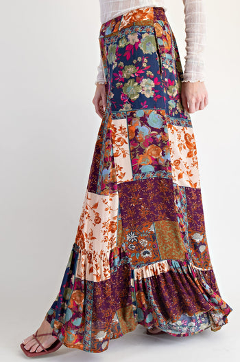 Easel Patchwork Mixed Printed Palazzo Pants in Plum
