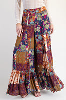 Easel Patchwork Mixed Printed Palazzo Pants in Plum