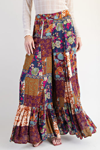 Easel Patchwork Mixed Printed Palazzo Pants in Plum