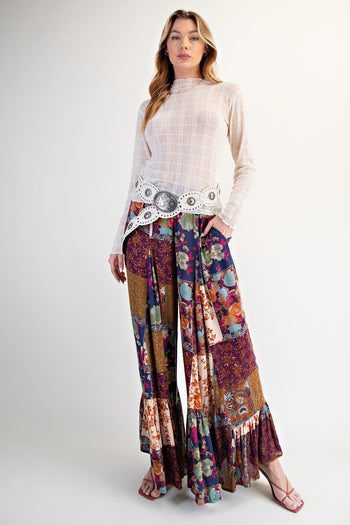 Easel Patchwork Mixed Printed Palazzo Pants in Plum