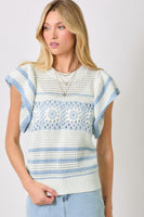 Mystree Fluttering Sleeve Crochet Sweater Top in Ivory/Powder Blue