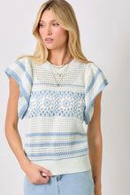 Load image into Gallery viewer, Mystree Fluttering Sleeve Crochet Sweater Top in Ivory/Powder Blue

