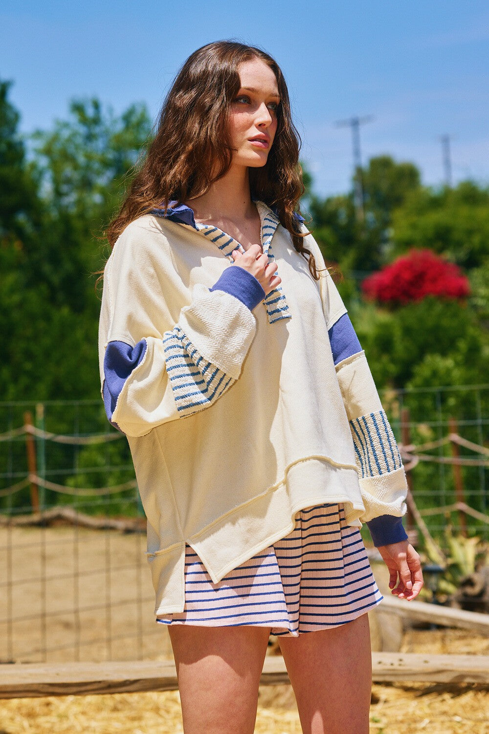 BucketList French Terry Color Block Tunic Top in Ivory/Navy – June