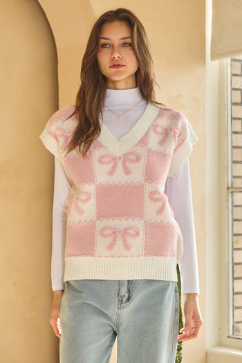 Oddi Checkered and Ribbon Bow Knit Sweater Vest in Pink/White Combo
