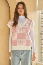 Load image into Gallery viewer, Oddi Checkered and Ribbon Bow Knit Sweater Vest in Pink/White Combo
