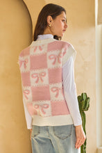 Load image into Gallery viewer, Oddi Checkered and Ribbon Bow Knit Sweater Vest in Pink/White Combo
