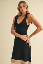 Load image into Gallery viewer, Klesis Textured Sweater Knit Midi Dress with Striped Hem in Black/Taupe
