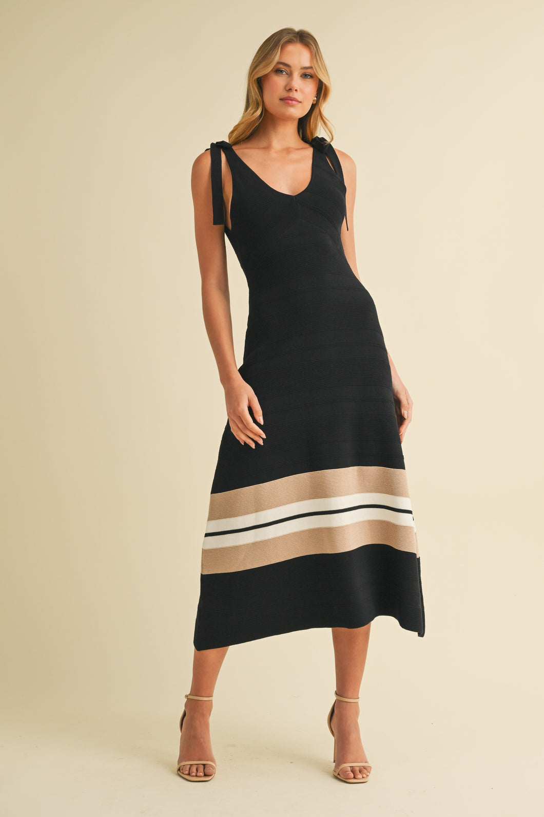 sweater knit midi dress Klesis Textured Sweater Knit Midi Dress with Striped Hem in Black/Taupe M