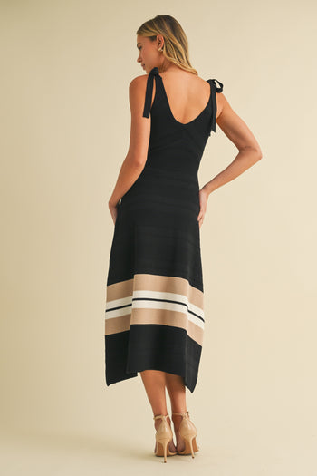 Klesis Textured Sweater Knit Midi Dress with Striped Hem in Black/Taupe