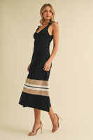 Klesis Textured Sweater Knit Midi Dress with Striped Hem in Black/Taupe