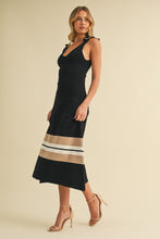 Load image into Gallery viewer, Klesis Textured Sweater Knit Midi Dress with Striped Hem in Black/Taupe
