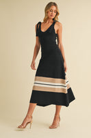 Klesis Textured Sweater Knit Midi Dress with Striped Hem in Black/Taupe