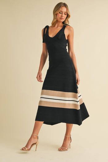 Klesis Textured Sweater Knit Midi Dress with Striped Hem in Black/Taupe