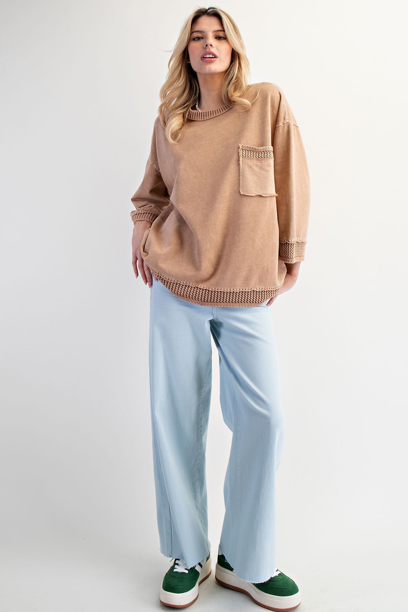 Easel Crochet Detailed Mineral Washed Top in Mocha – June Adel