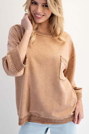 Easel Crochet Detailed Mineral Washed Top in Mocha