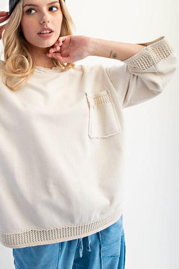 Easel Crochet Detailed Mineral Washed Top in Ecru