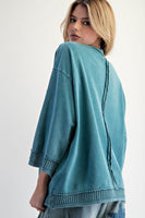 Easel Crochet Detailed Mineral Washed Top in Teal