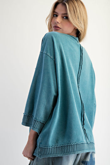 Easel Crochet Detailed Mineral Washed Top in Teal