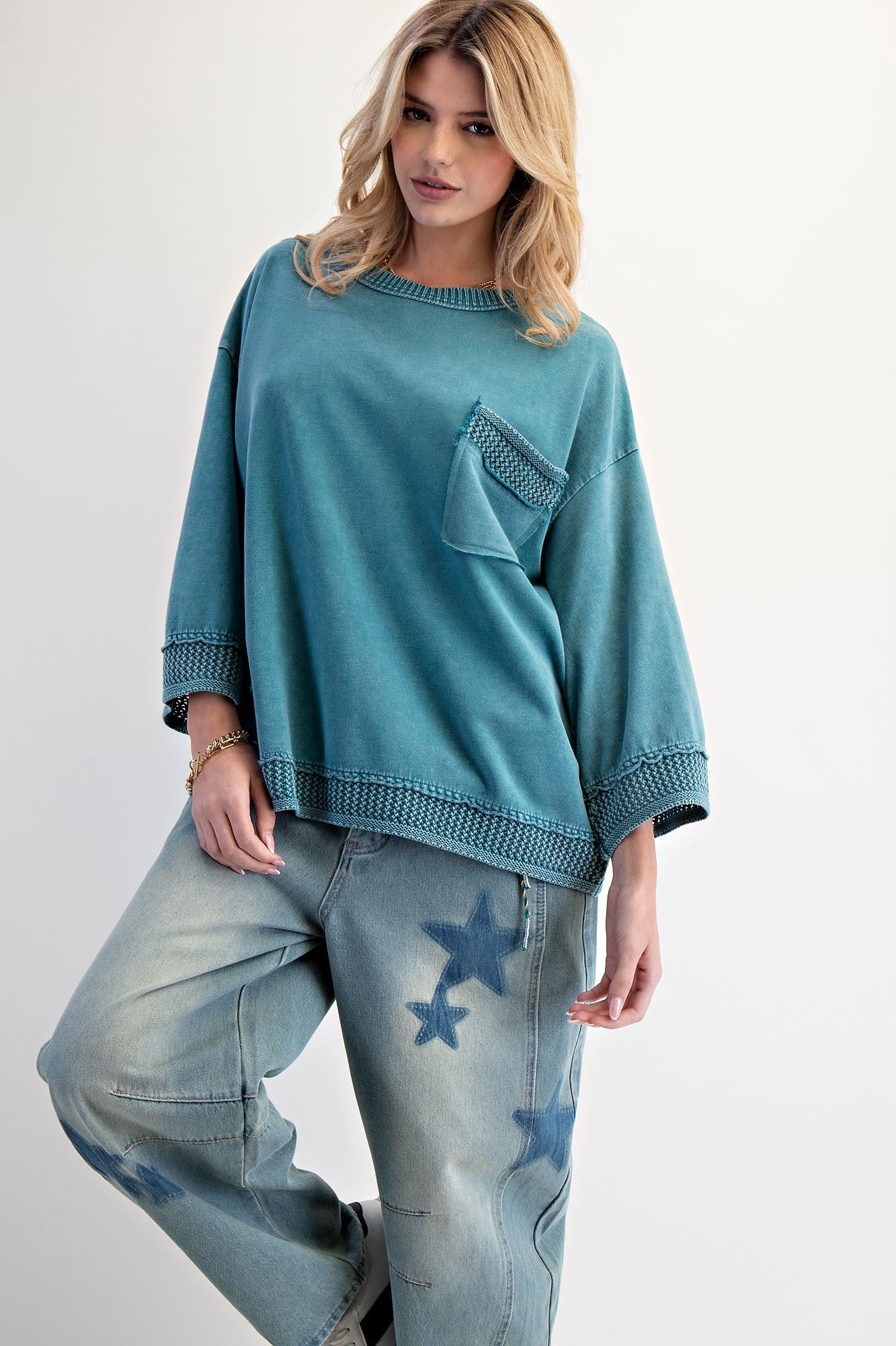 Easel Crochet Detailed Mineral Washed Top in Teal – June Adel