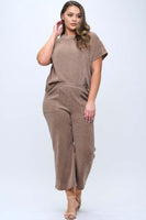 Yelete Corduroy Short Sleeve Top Cropped Pant Set in Khaki