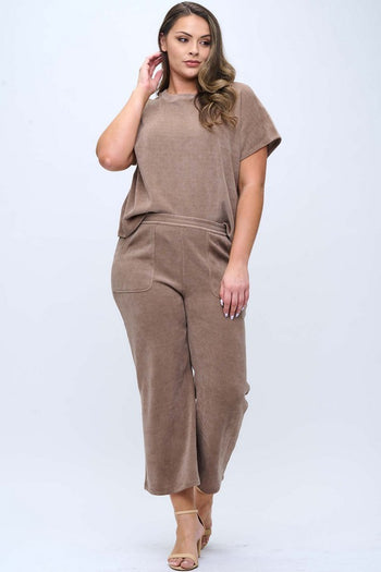 Yelete Corduroy Short Sleeve Top Cropped Pant Set in Khaki