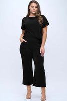 Yelete Corduroy Short Sleeve Top Cropped Pant Set in Black