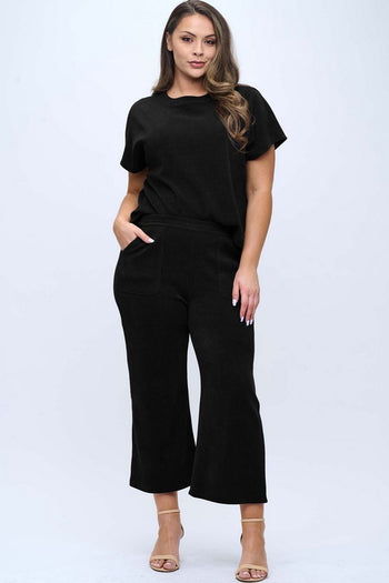 Yelete Corduroy Short Sleeve Top Cropped Pant Set in Black