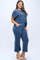 Yelete Corduroy Short Sleeve Top Cropped Pant Set in Denim