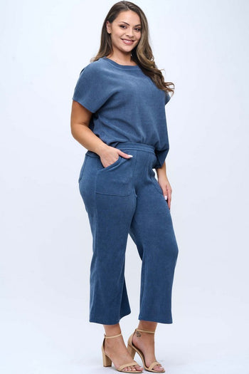 Yelete Corduroy Short Sleeve Top Cropped Pant Set in Denim