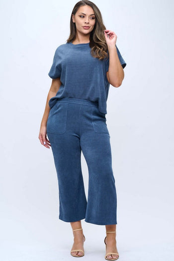 Yelete Corduroy Short Sleeve Top Cropped Pant Set in Denim