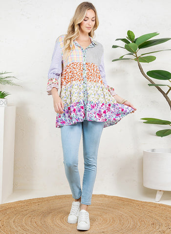 Young Threads Mixed Print Patchwork Top in Ivory