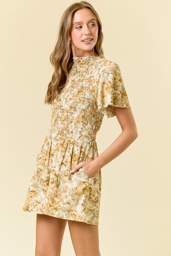Doe & Rae Textured Floral Print Romper in Lemon/Sage